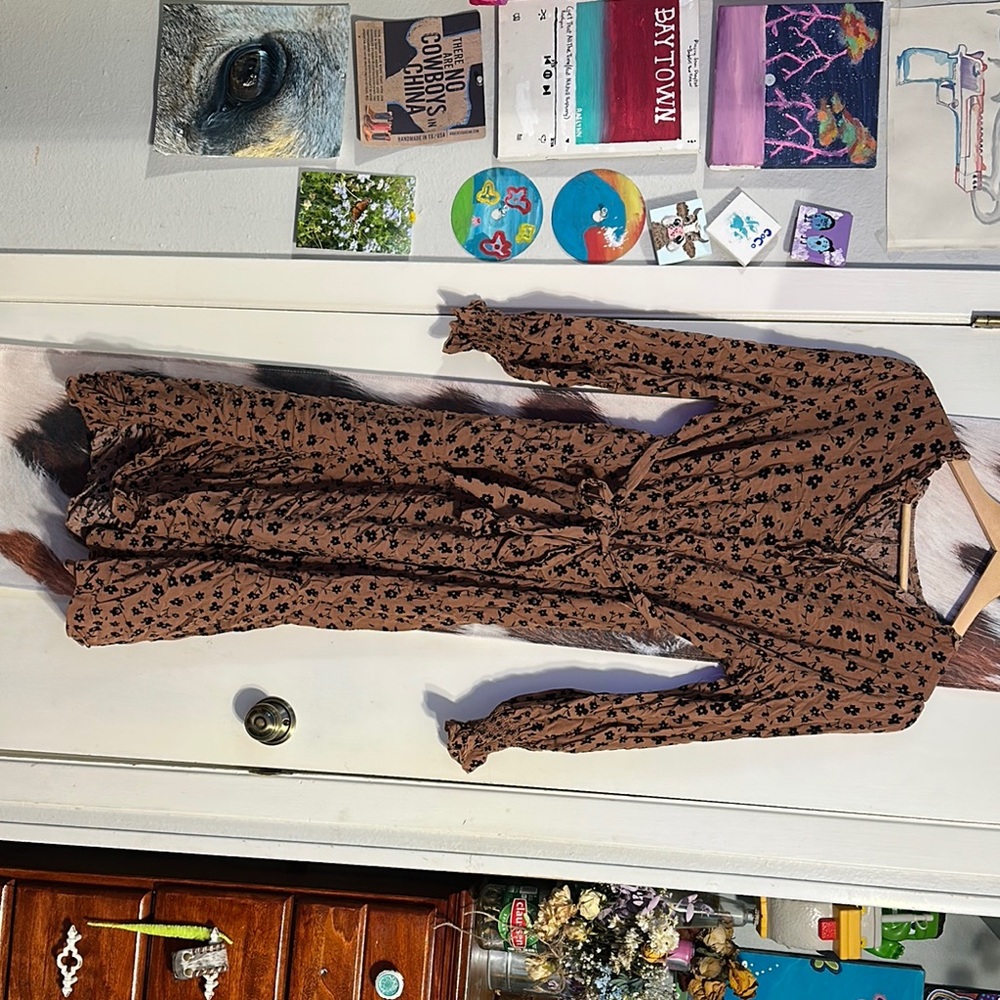 Brown Floral Long Sleeve Dress